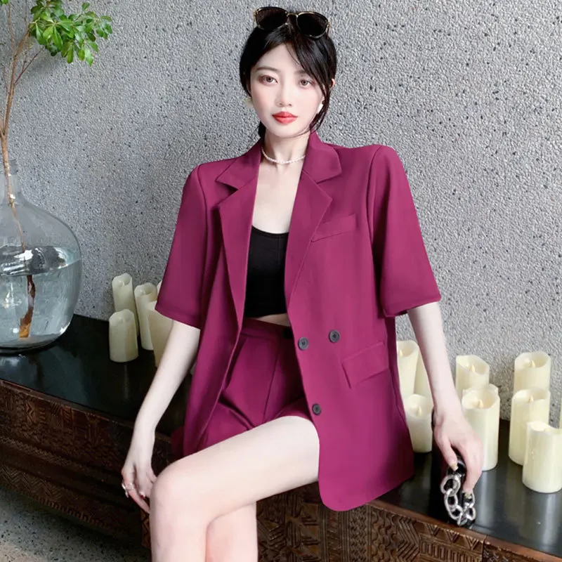 

Dragon fruit color small suit suit female Korean version loose suit jacket + high waist wide leg pants two-piece set 2022 summer