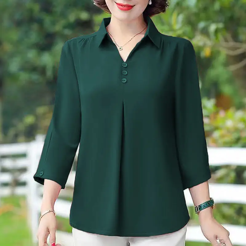 

S-5XL Five-point Sleeve Mother's T-Shirt Summer Solid Color Pullover Blouse New Turn Down Collar Middle-Aged Mother Bottom Top