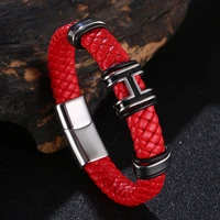 new fashion letter h design braided leather bracelet men stainless steel woven party bangle male trendy wristband jewelry ps1303