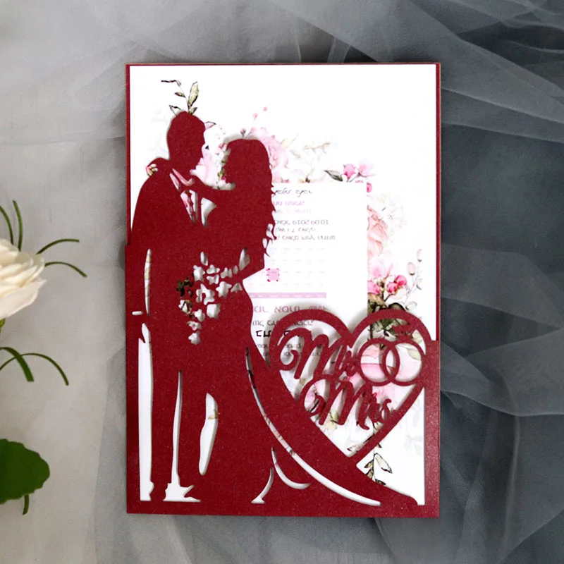 (100 pieces/lot) Customized Print Burgundy Bride Groom Wedding Invitation Card Laser Cut Mr Mrs Love Heart Greeting Card IC155