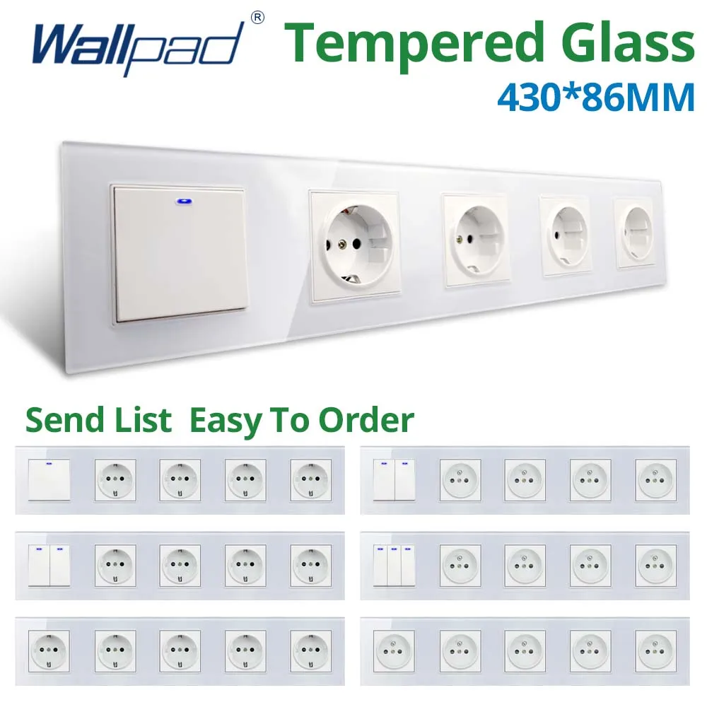 

Wallpad White Glass Panel 1 2 3 Gang 2 Way Wall Light Switch With LED Indicator EU Socket Horizontal Vertical 430*86mm