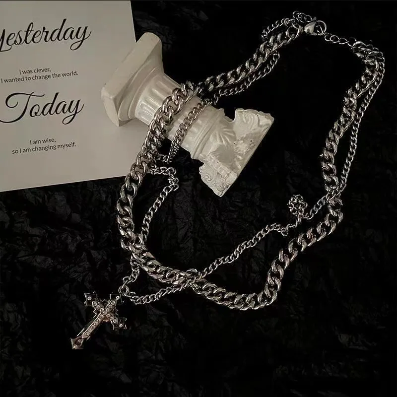 

New Diamond Cross Necklace Stacked Cuban Necklace Unisex Hip Hop Niche Double Layer Design High Street Accessories