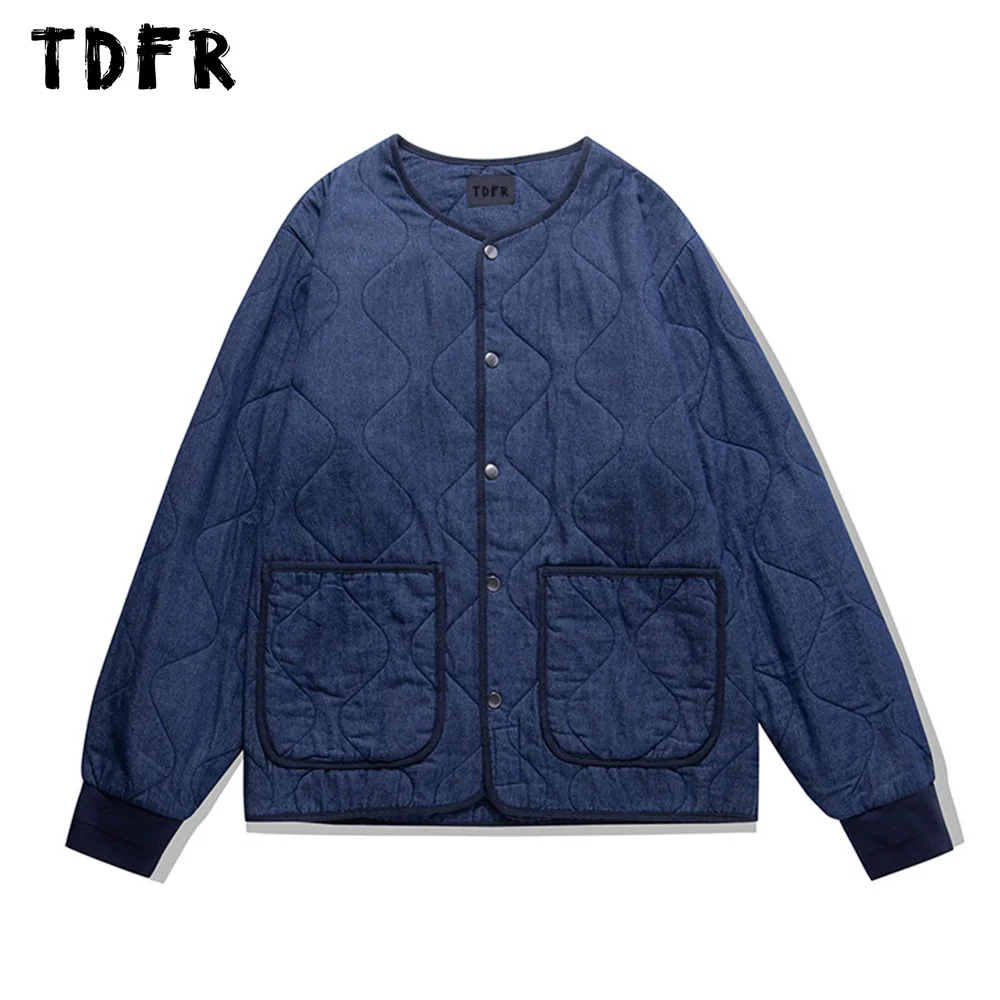 

Pocket Denim Quilted Jacket Mens Winter Casual Loose Crew Neck Single Breasted Long Sleeve Outerwear Men