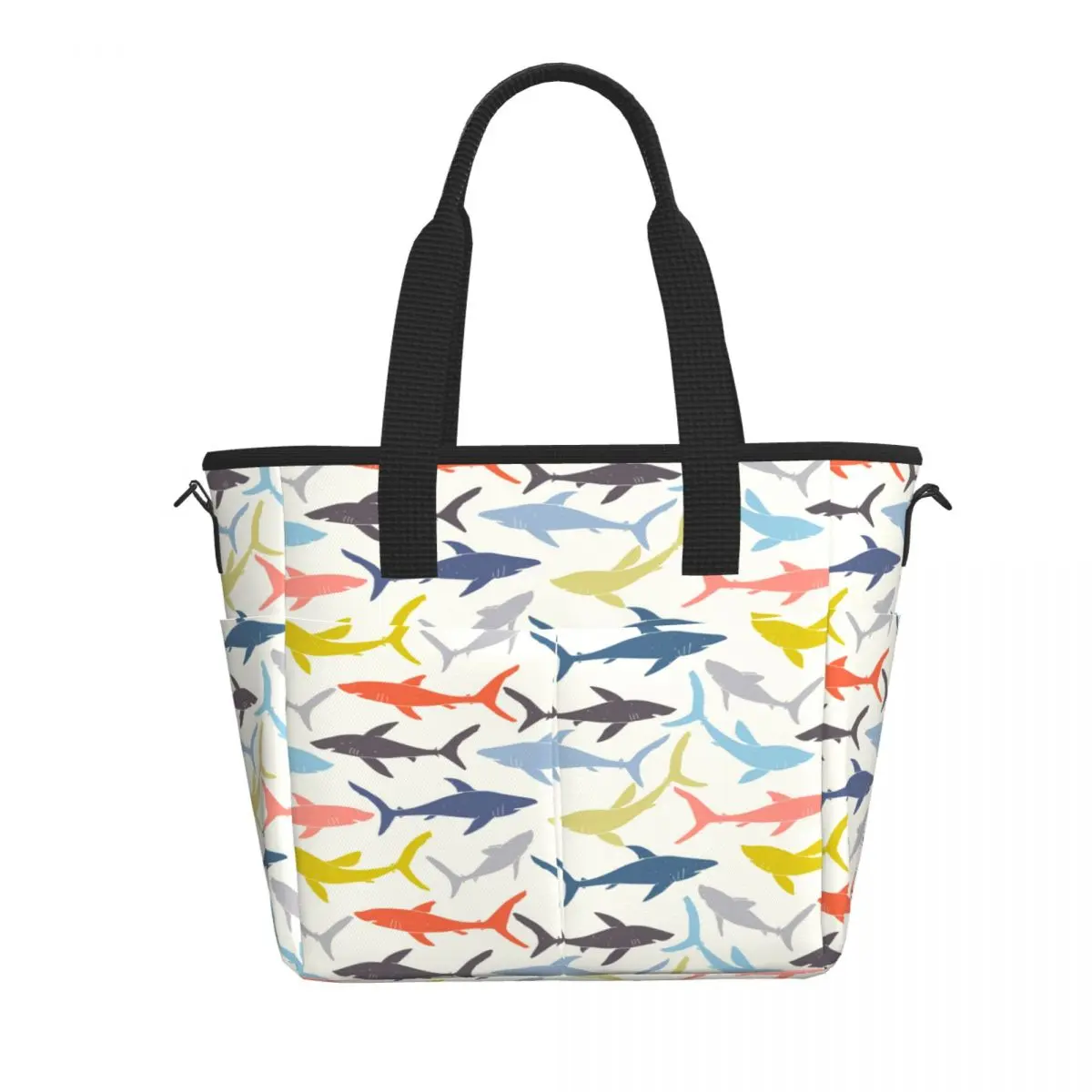 

Travel Insulated Lunch Bag Colorful Sharks Silhouettes Print Large Capacity Food Case for Picnic