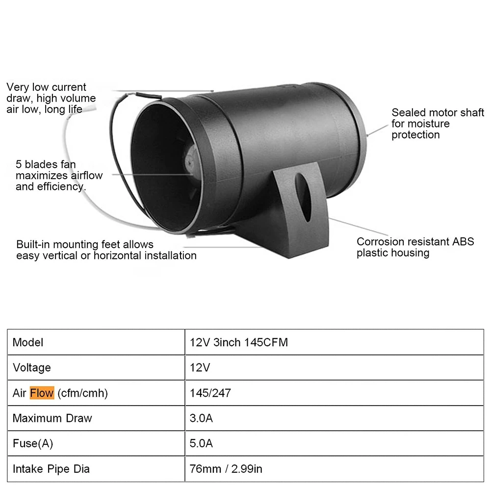 

Exhaust Fans 12V 3inch 45CFM Air Pipe Fan For Boat RV Yacht Kitchen Vent Exhaust Fans Marine Accessories Home Improvement