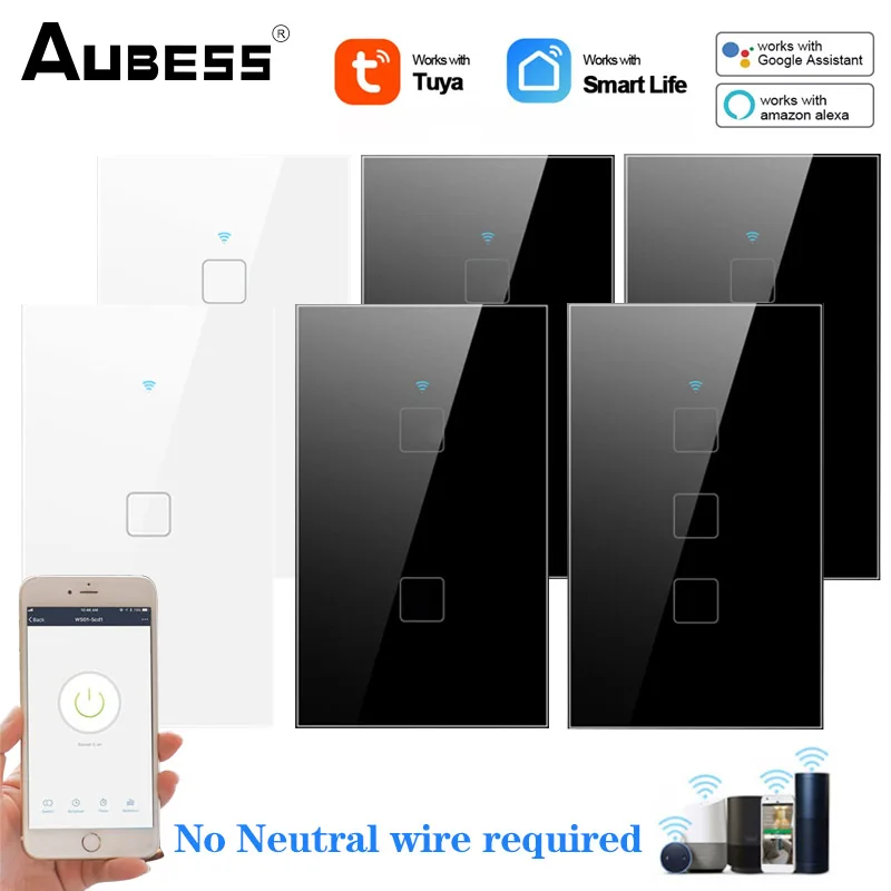 

Умный сенсорный выключатель Aubess US Tuya, выключатель с нулевой/одинарной линией огня, голосовое управление, беспроводной настенный выключател...