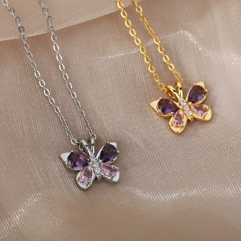

Cross-border Simple Pink Purple Zircon Butterfly Necklace Micro-inlaid Clavicle Chain Niche Design Sense Ins Wind Super Fai