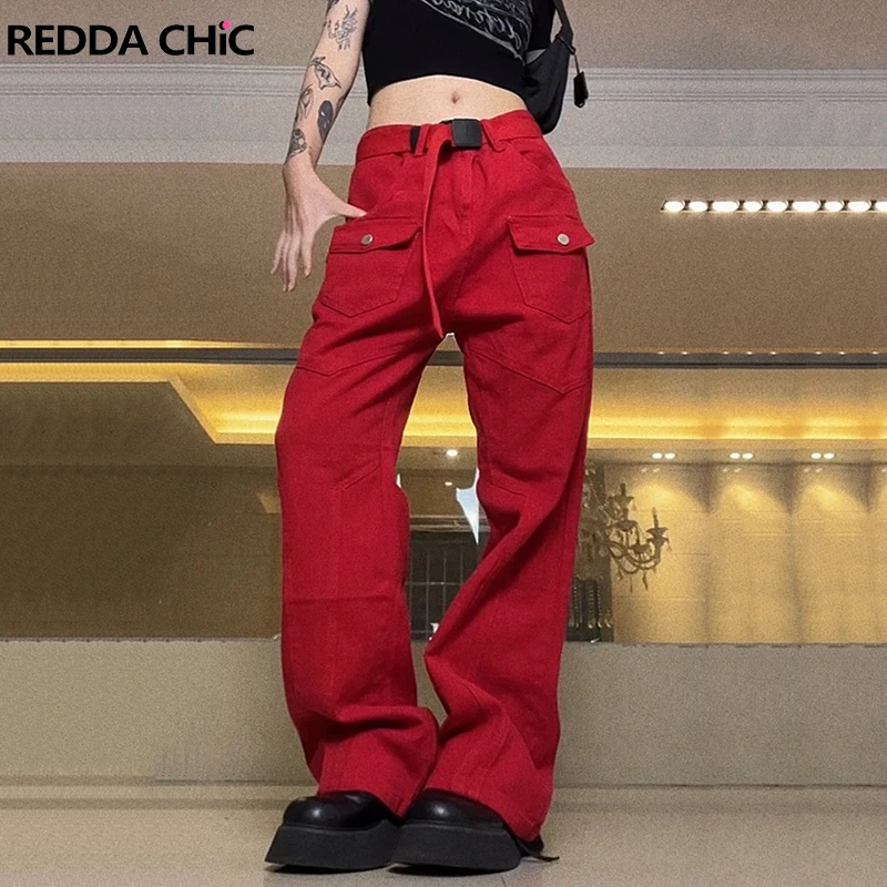

ReddaChic Y2k Cargo Pants Women Red