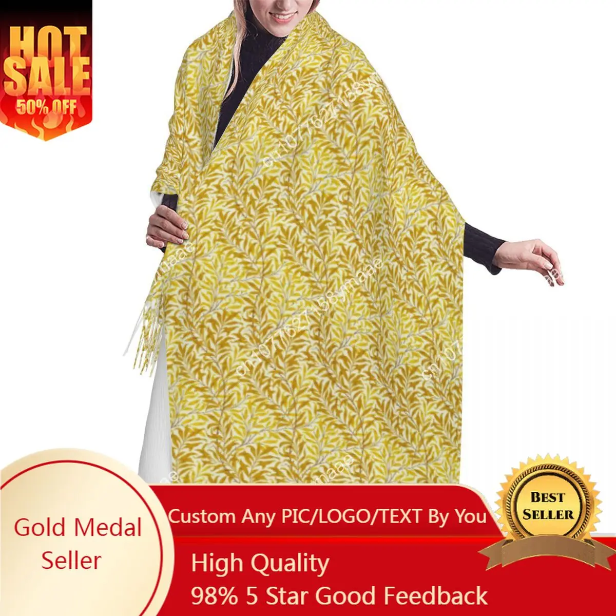 

Female William Morris Willow Bough Pattern Gorse Yellow Scarves Women Winter Fall Thick Warm Tassel Shawl Wrap Versatile Scarf