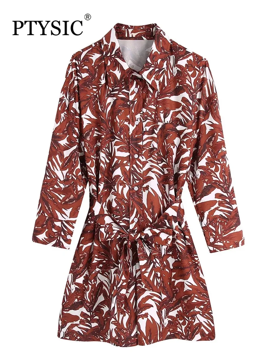

PTYSIC Women Fashion Print Shirt Playsuits 2022 Summer New Full Sleeves Single Breasted Waist With Bow Tied Casual Bodysuits