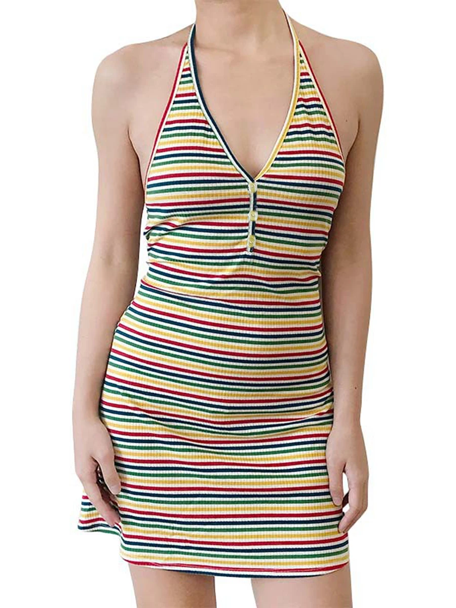 

Women s Sexy Halter Mini Dress Sleeveless Backless Button Front Striped Print Knit Dress
