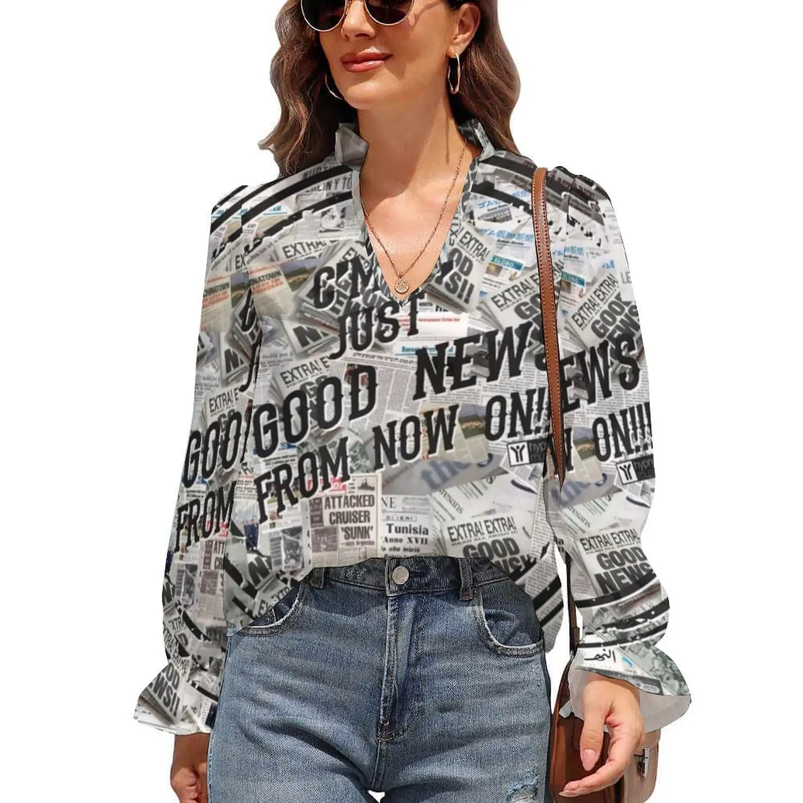 

Женская винтажная шифоновая блузка с принтом, с длинным рукавом и V-образным вырезом