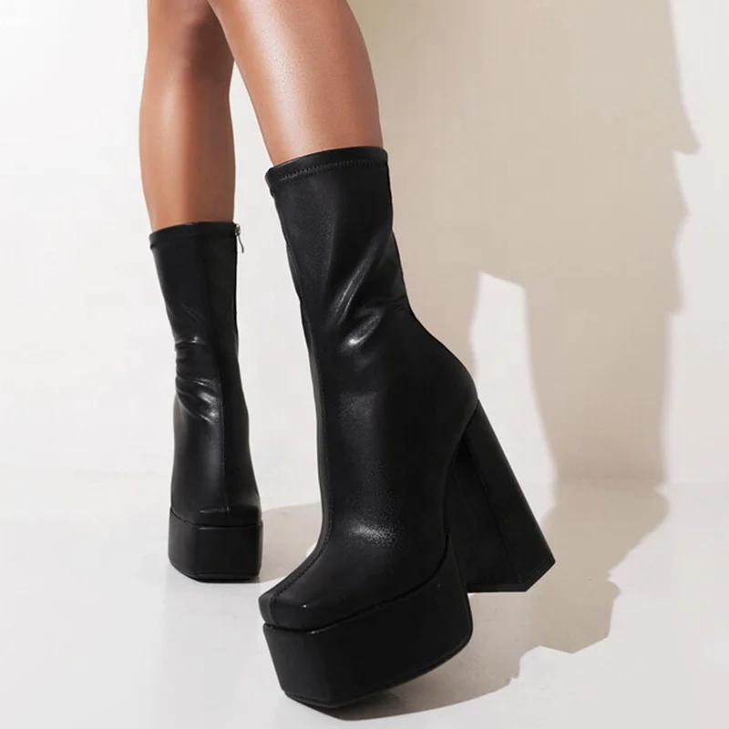 Solid Black White PU Upper Ankle Boots Autumn Winter High Heel Shoes Booty Thick Platform Square Toe Women Big Size 43