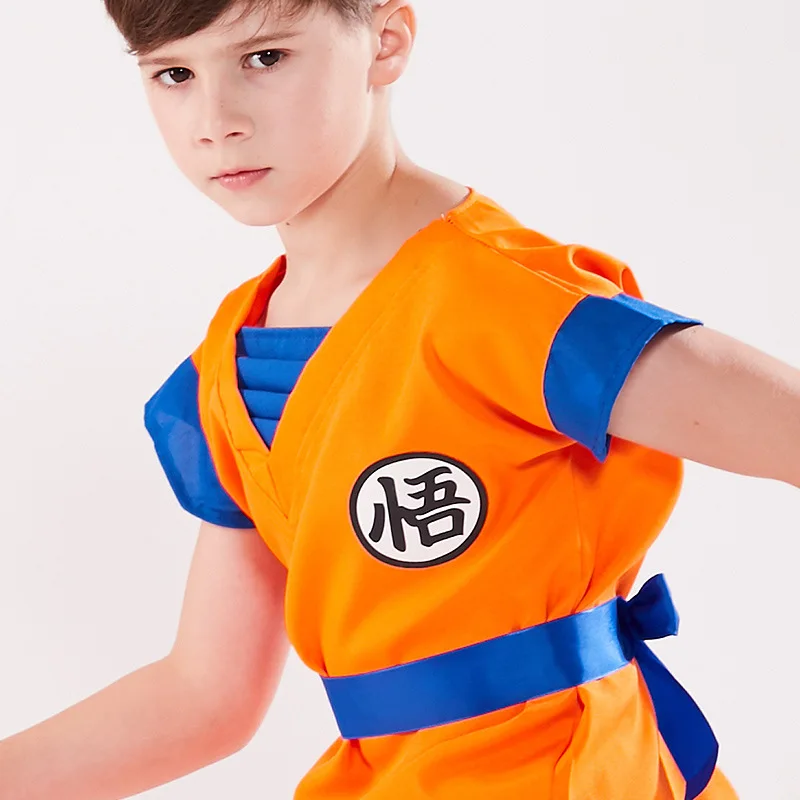 Child Son Goku Cosplay Costume Boys Funny Suits  Anime Set Short Sleeves Halloween Outfit Black Gold Orange Wig