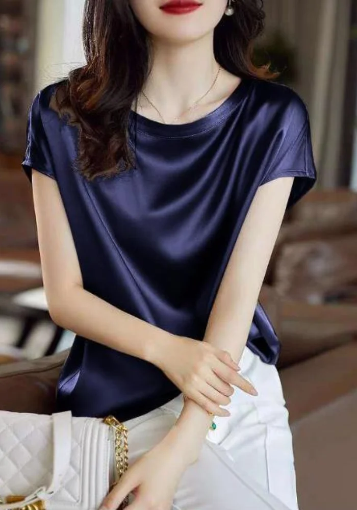 

Тонкие летние шелковые футболки с коротким рукавом в Корейском стиле, женская одежда без застежек, элегантные черные и коричневые топы, одн...