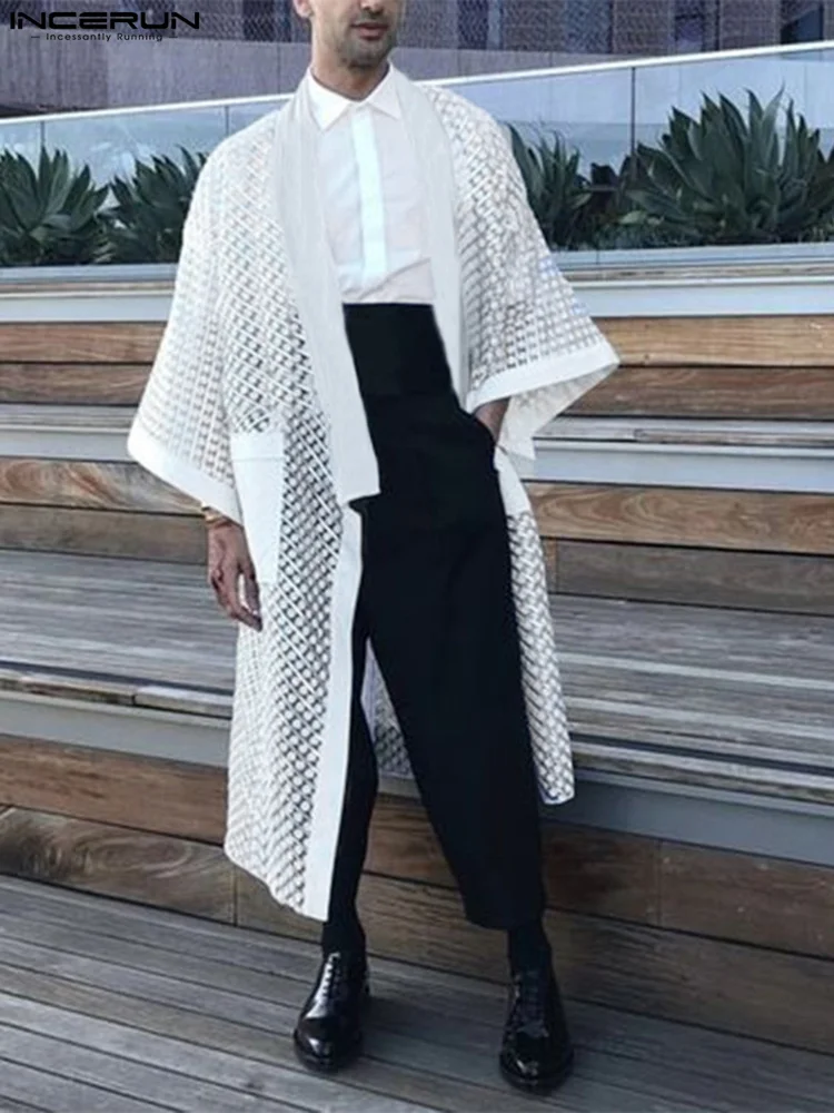 

Рубашка INCERUN Мужская сетчатая в горошек, прозрачный пикантный длинный кардиган с открытым стежком, уличная одежда с длинным рукавом, свобод...