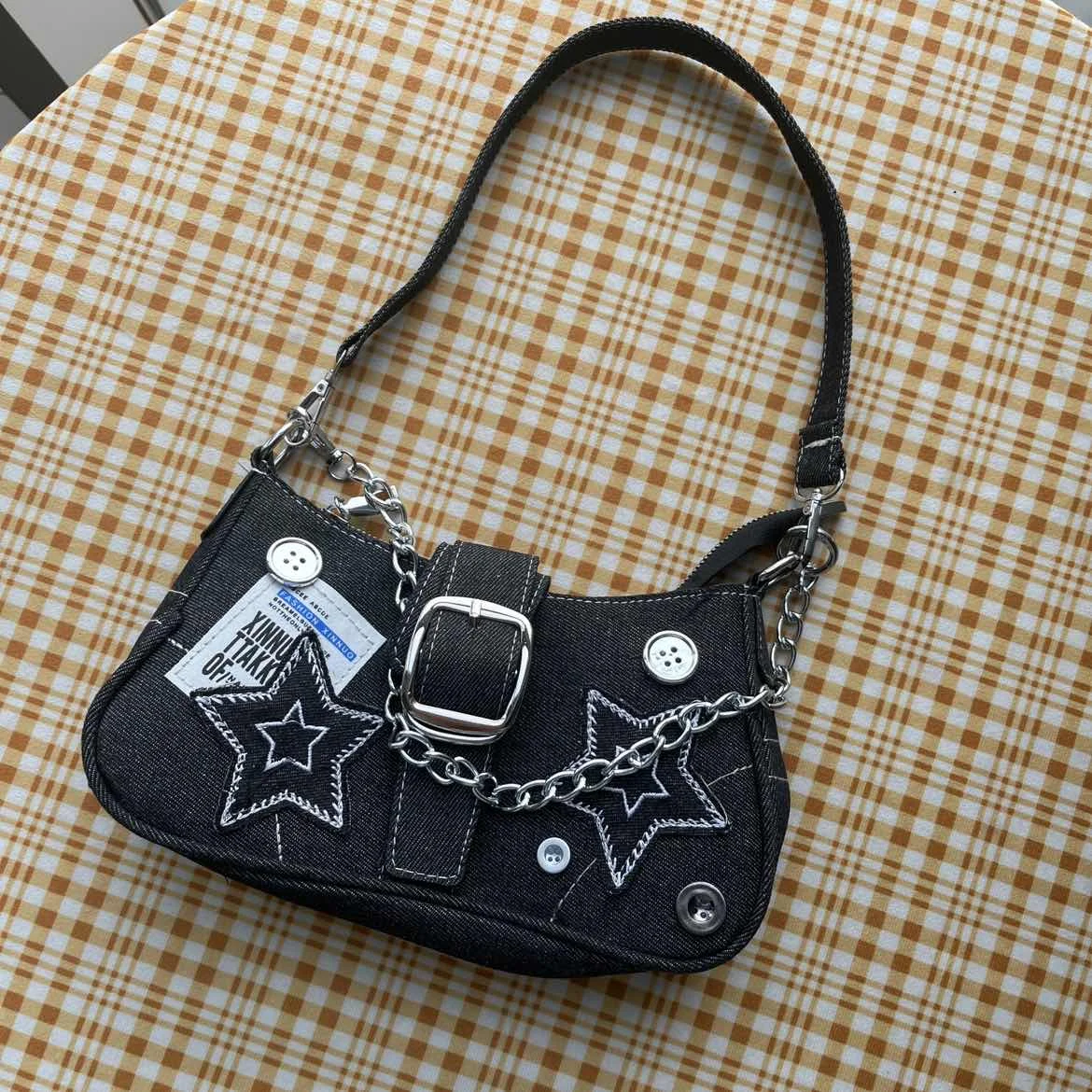 Y2k Women's Handbags Fashion Stars Pattern Cool Girls Underarm Bag Fashion Canvas Female Small Shoulder Bags Chain Tote Purses