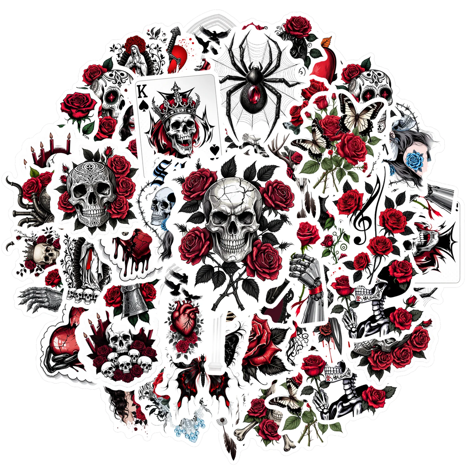 

Набор из 35 стикеров с черепами, розами и сердечками