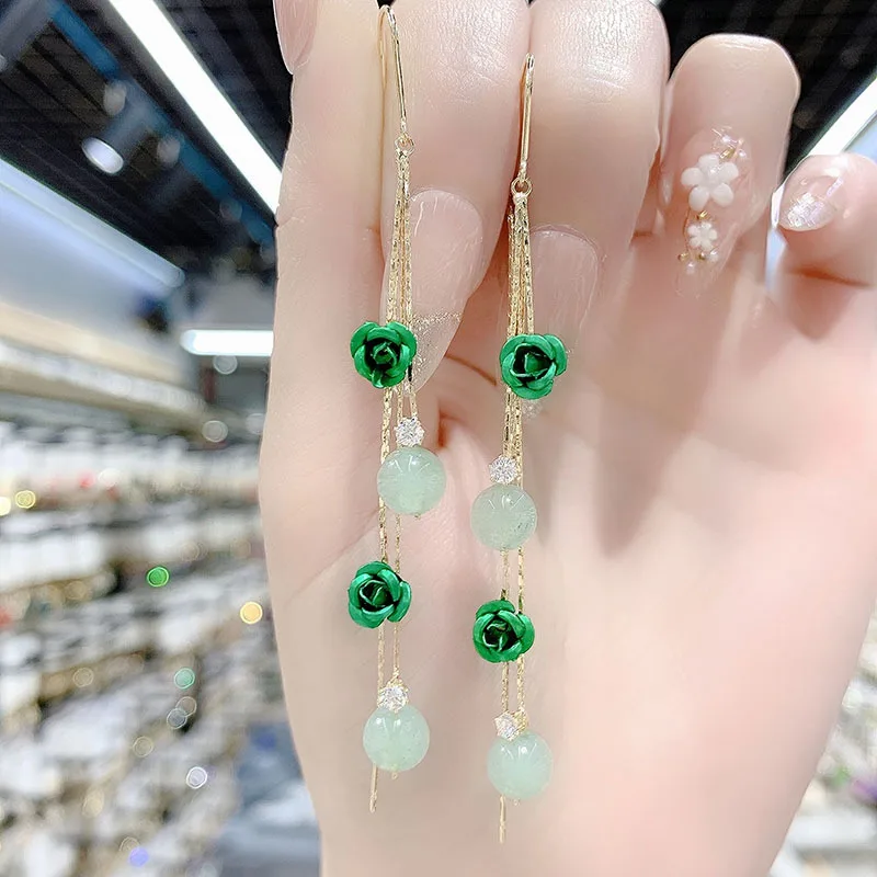 

Fashion Green Rose Earrings 2022 New Trendy Temperament Long Butterfly Blue Water Drop Tassel Earrings for Women Party Jewelry
