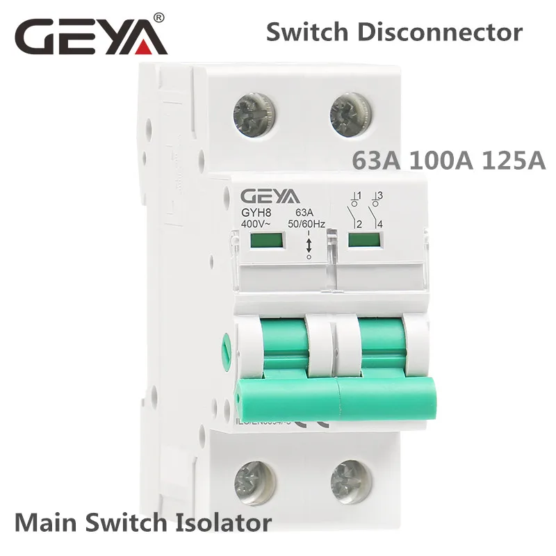 

GEYA GYH8 Din Rail 2Pole Main Switch Function Disconnector Switch Isolator Circuit Breaker 400VAC DP Breaker