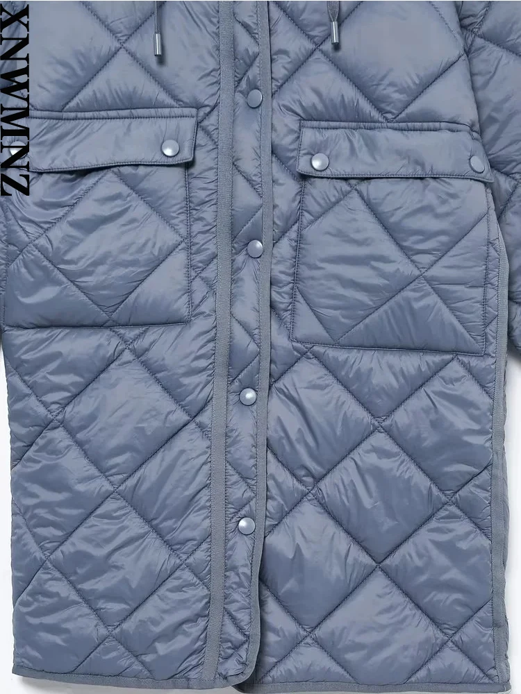 XNWMNZ Women Fashion Autumn Winter Mid-length Hooded Lingge Cotton Clothes Casual Long Sleeves Thicken Outerwear Solid Jacket