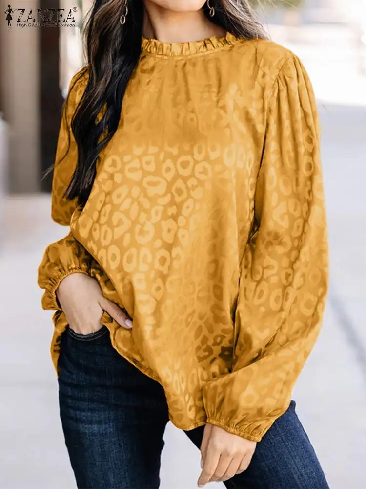 

Women Fashion Printed Leopard Blouse 2022 Spring O Neck Blusa ZANZEA Long Sleeve Office Satin Tunic Party Elegant Tops Oversize