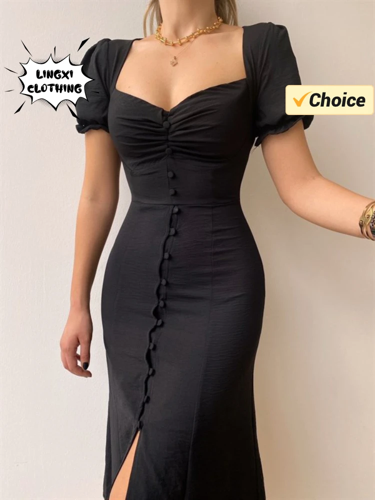 Лето 2024 Женское Сексуальное Платье Миди С V-образным Вырезом Однобортное