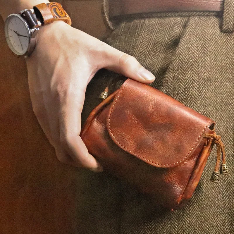Hand Made Color Plant Tanned Leather Coin Purse Women's Head Layer Cowhide Leather Key Bag Earphone Storage Bag