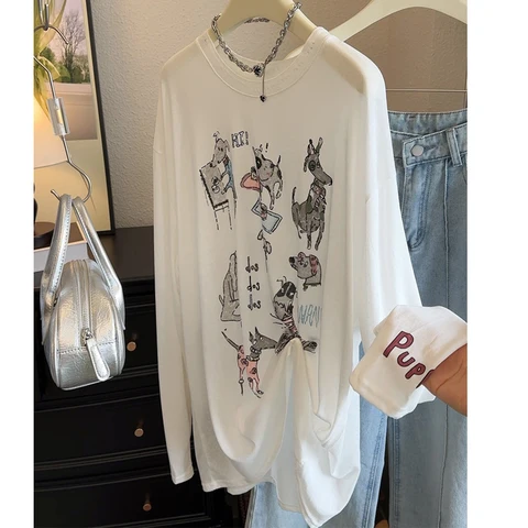 Женские летние тонкие футболки с длинным рукавом и мультяшным принтом, милые футболки с круглым вырезом, летние топы для женской одежды, прозрачная одежда