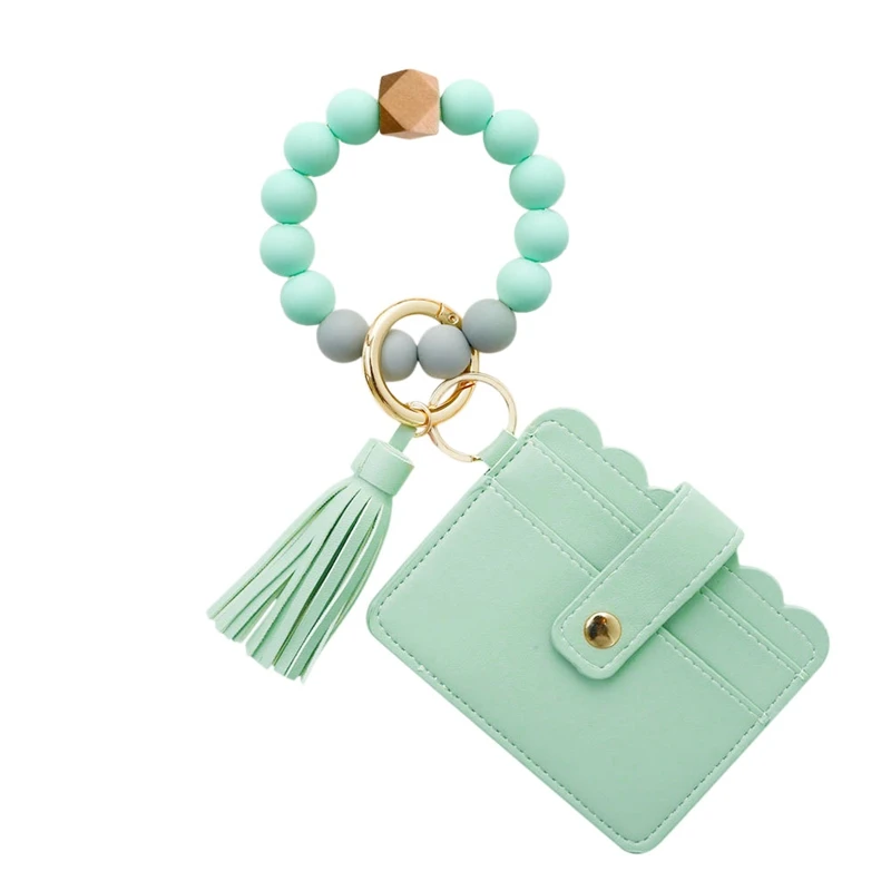 

Wristlet Keychain Bracelet Credit Card Holder Wallet Key Ring Silicone Tassel Keychain Beaded Bangle for Women