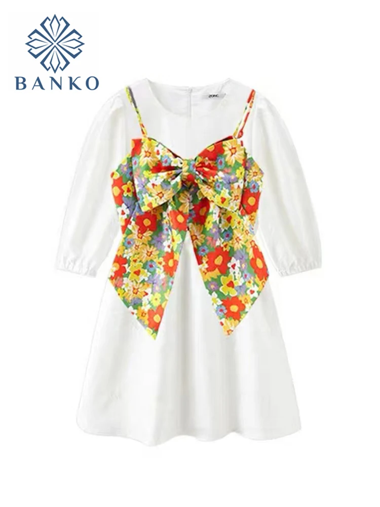

Woman Dress 2 Piece Set Flower Printing Sexy Bow Camisole And O-neck Single Breasted White A-line Mini Dress Fashion Ladies Set