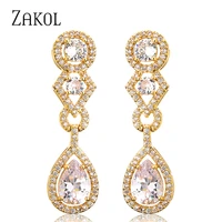 zakol delicate shiny white cubic zirconia silver color long water drop dangle earrings for women luxury party jewelry ep1128