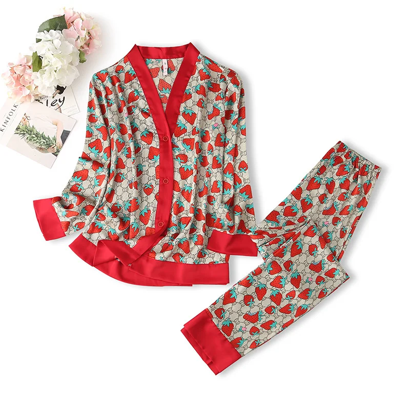

Lisacmvpnel Spring New Ice Silk Pajamas Women's Long Sleeve Printed Cardigan Fashion Pyjamas