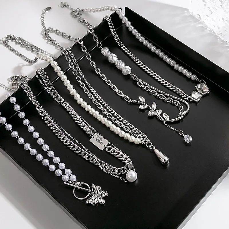 

Punk Geometric Butterfly Silver Color Water Drop Zircon Necklace for Women 2022 Trending Double Layer OT Buckle Chain Jewelry