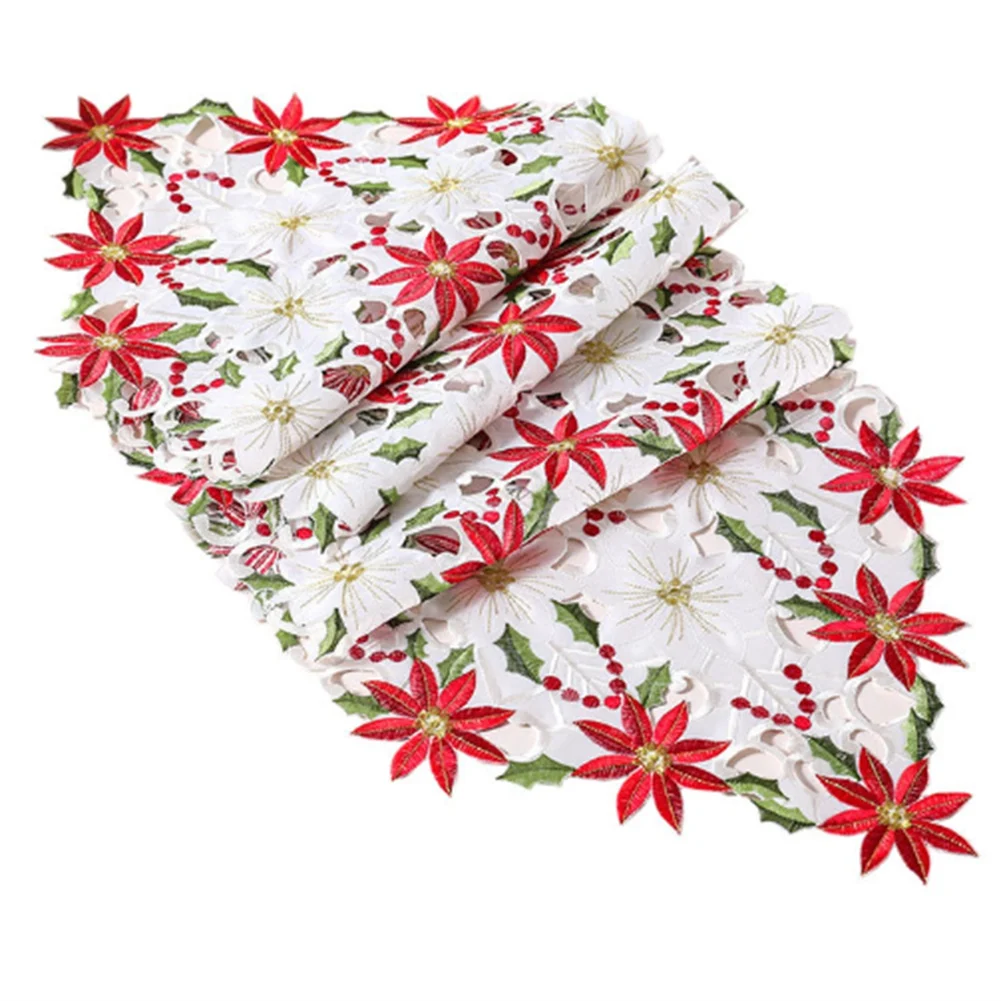 

Popular Satin Embroidery Christmas Poinsettia Flowers Bed Table Runner Flag Cover New Year Home Decor( White)