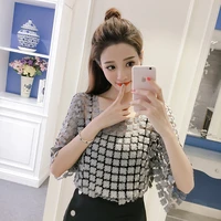 real shot spot 22 gold silk embroidery korean style two piece sling hollow lace shirt half sleeve loose sweet top