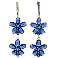 57x18mm new statement flowers shape tanzanite rich blue aquamarine white cz womans wedding silver earrings