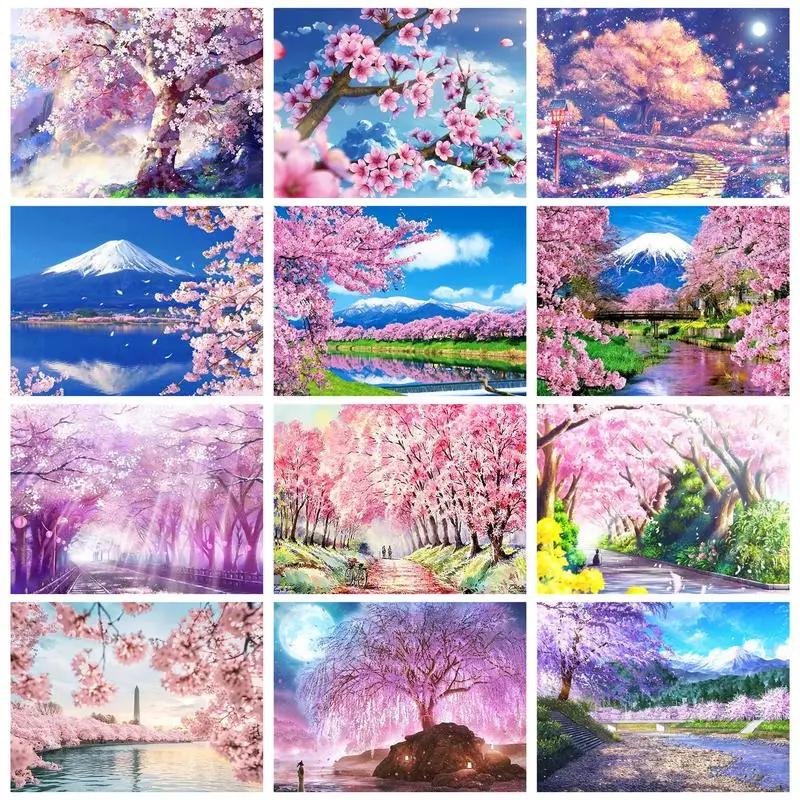 

CHENISTORY Jewelry Diamond Painting With Frame Pink Landscape Peach Cherry Blossom DIY Crafts Gift Cross Stitch Home Decors