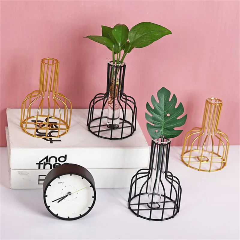 

Nordic Simple Golden Glass Vase Hydroponic Plant Flower Vase Iron Geometric Glass Test Tube Metal Plant Holder Modern Home Decor