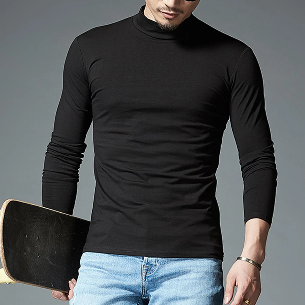 Men Autumn Winter Half High Neck Thin Long-Sleeved T-Shirt Bottoming Shirt Slim Turtleneck Tops Pullover Warm Soft Tops Shirts
