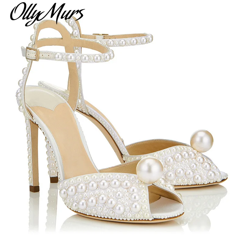 

Ollymurs Ladies Big Pearls Embellished Sandals Full Pearl Beads Studs Stilettos Heels Peep Toe Ankle Strap Wedding High Heel