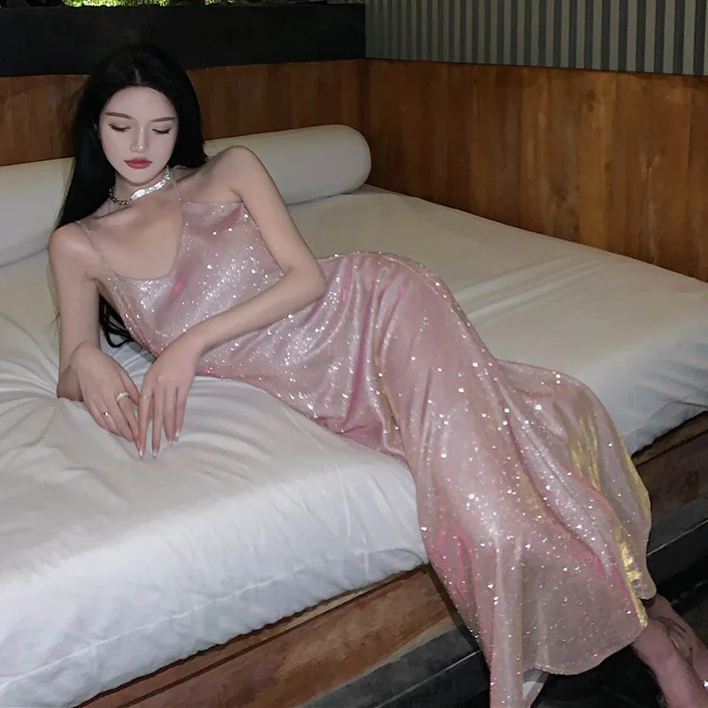 

2023 сексуальное облегающее платье на бретелях-спагетти, женское модное блестящее платье с открытыми плечами, женское элегантное платье макси с высокой талией