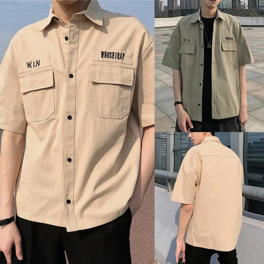 

Men Shirt Summer Loose Top Short Sleeve Casual Tooling Turn-Down Collar Workwear