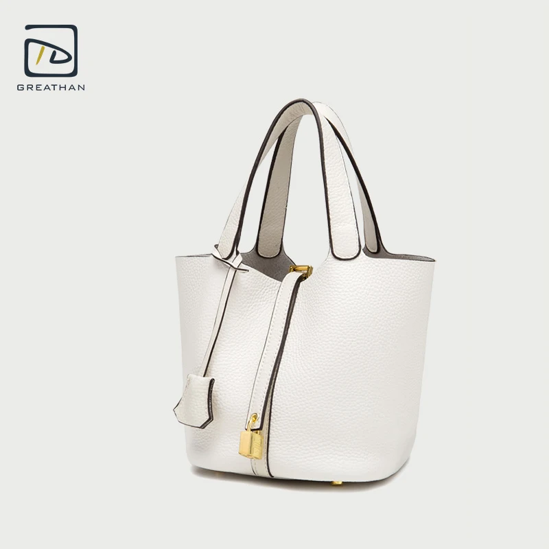 

Women's Leather Basket Shape Open-top Day Bag with Padlock