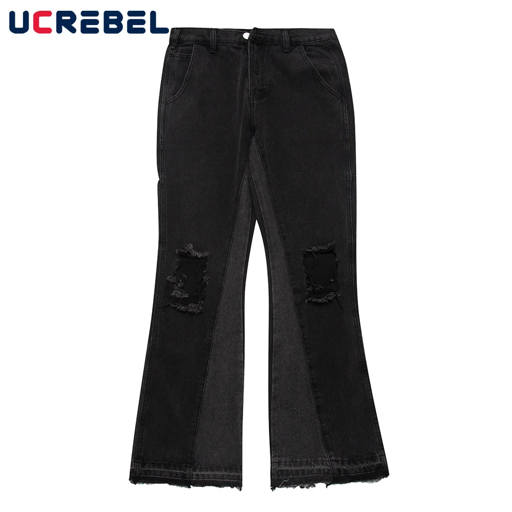 

Ripped Hole Denim Pants Mens Streetwear Raw Edge Flared Pants High Street Solid Color Casual Pants Trousers Men