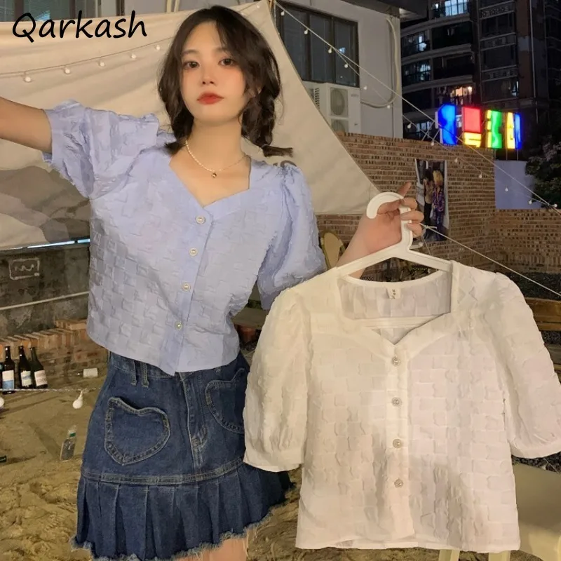 

Shirts Women Square Collar French Style Crops Femme Slim Summer Basic Solid Ins Casual Clothes Puff Sleeve Retro Romantic Simple