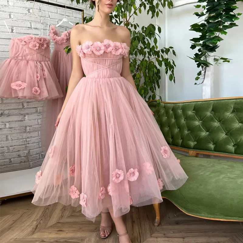 

Women's Pink Lace Bra Evening Dress Spring Summer New Flower Decor European Style Slim Fit Boat Neck Mid Length Dresses
