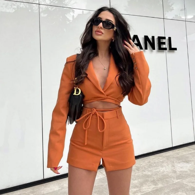 Women's Two Piece Cotton Pink Plaid Retro Office Women's Suit Jacket High Waist Lapel Long Sleeve Tie Rope Sexy Shorts Suit