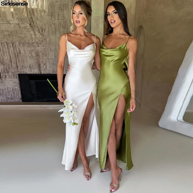 Женское атласное шелковое платье подружки невесты с воротником-хомутом и