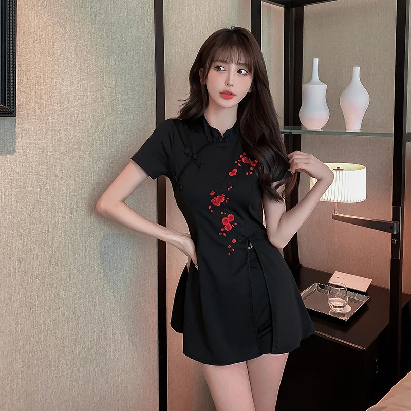 Women Chinese Style Tang Suit Red Flower Embroidery Oriental Clothing Casual Retro Fashion Cheongsam Tops Dress Pants Set